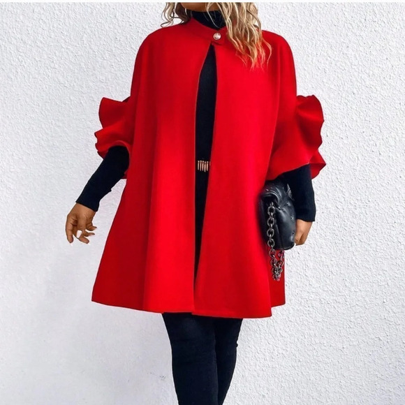 Ruffle Trim Batwing Sleeve Open Front Overcoat - Picture 1 of 5